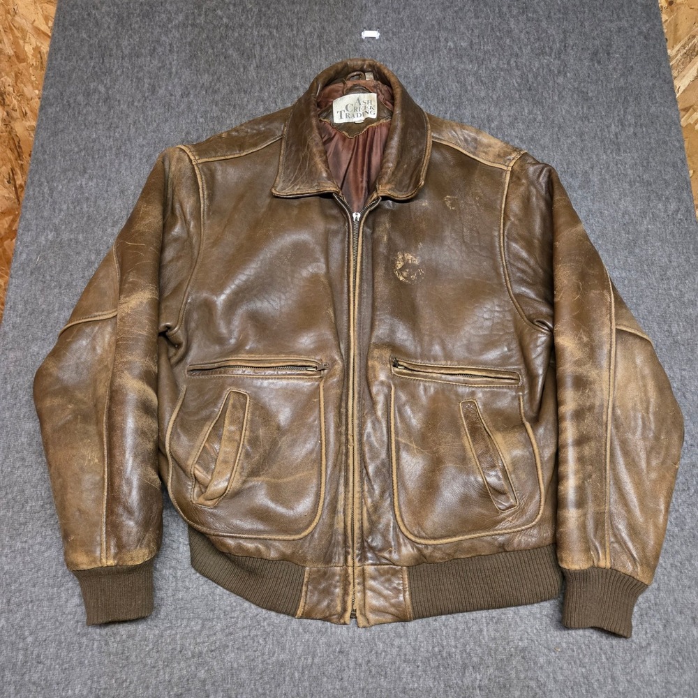 Vintage Ash Creek Trading Leather Bomber Jacket Mens L Brown Distressed A-2 READ